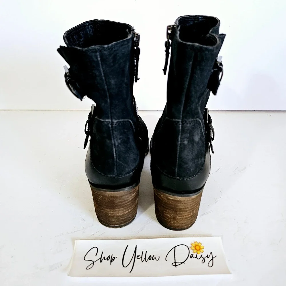Franco Sarto Womens Black Leather Biker Boots Side Zipper Buckles Sz 7 - Sh441.2